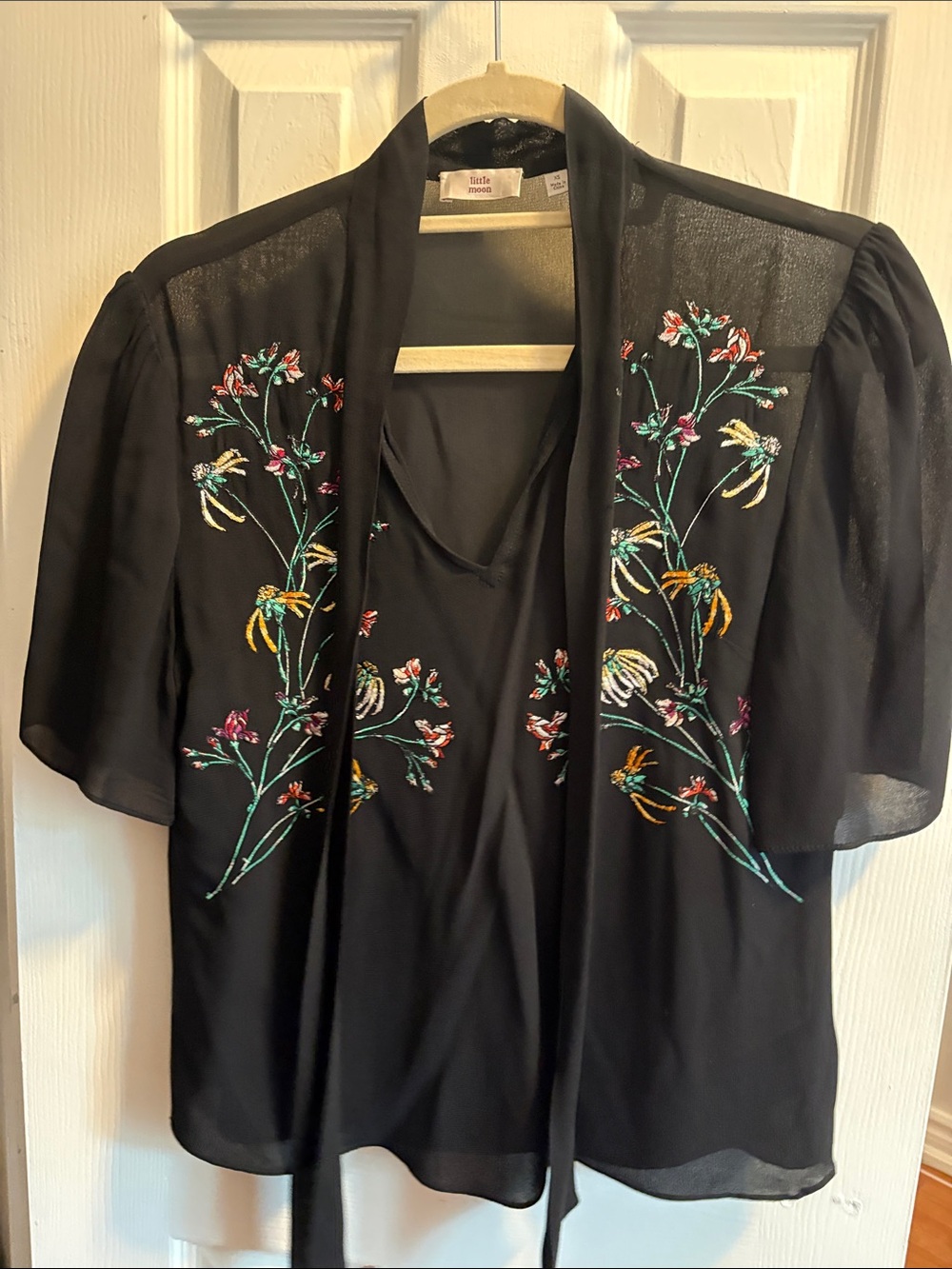 Little Moon Black Sheer Floral Embroidered Blouse